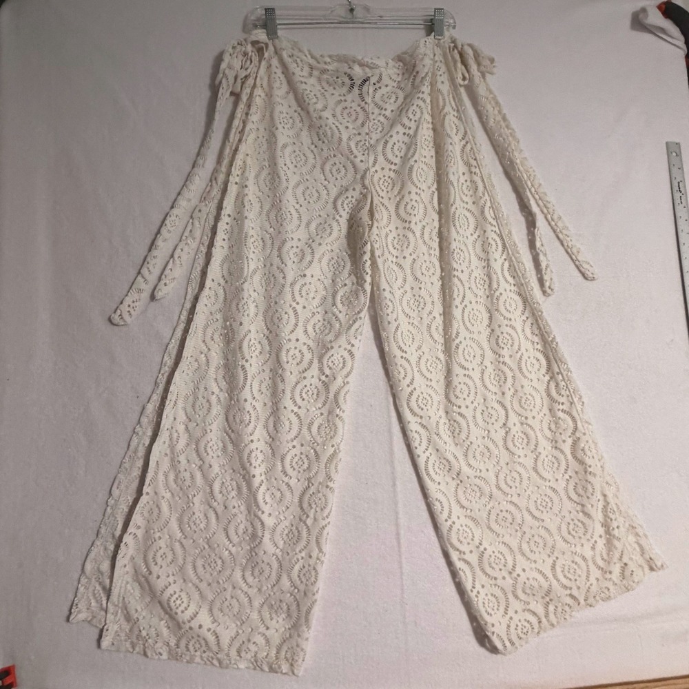 Lace Crochet Pant Wide Open Leg Side Tie High Slit‎ Pants Med  Oversized